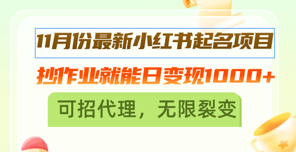 11月份最新小红书起名项目，抄作业就能日变现1000+，可招代理，无限裂变-糊涂帮