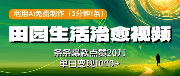 利用AI免费制作田园生活治愈视频，条条爆款点赞20W，单日变现几张-糊涂帮