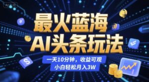 最火蓝海AI头条玩法，一天10分钟，收益可观，小白轻松月入3W-糊涂帮