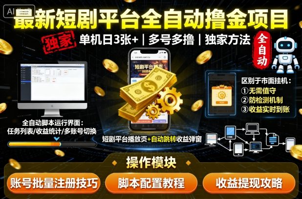 最新短剧平台全自动挂G撸金项目,单机一天3张+,多号多撸,区别于市面所有挂机项目,独家方法-糊涂帮