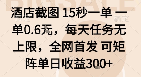 酒店截图15秒一单,一单0.6米,每天任务无上限,全网首发可矩阵单日收益3张-糊涂帮
